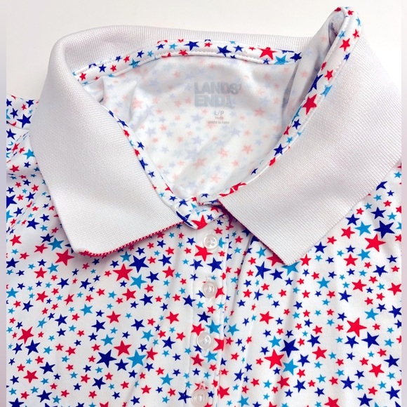 Lands end cotton star collar shirt buttons bottom side slits red white blue top - Picture 4 of 11
